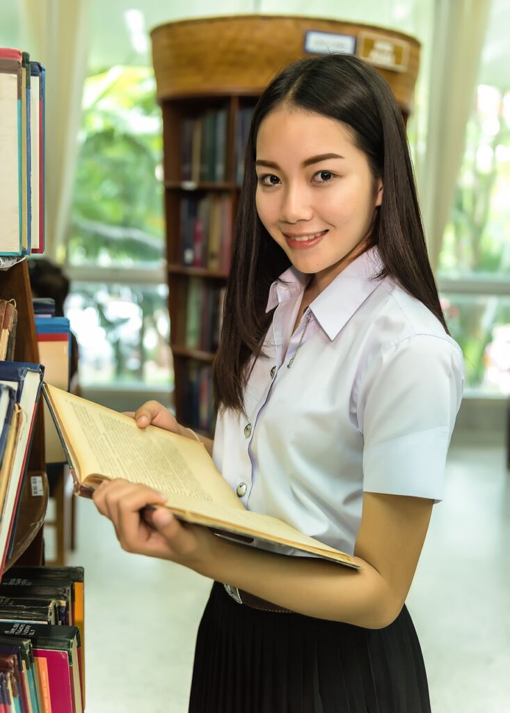 woman, library, students