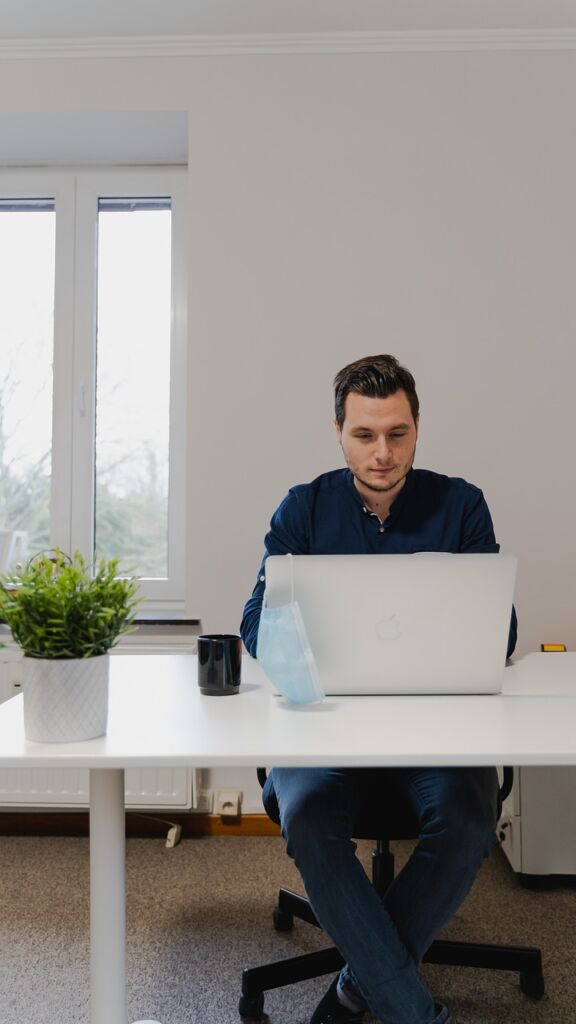 man, laptop, mask